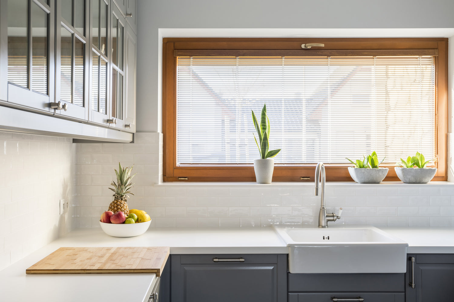 modern kitchen with plants and fruit sitting on counter and window sill